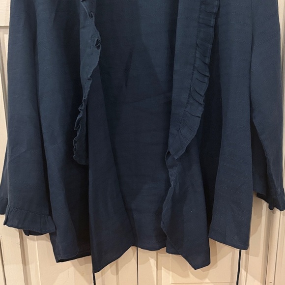 Navy Ruffled Wrap Linen Blouse - Picture 4 of 10